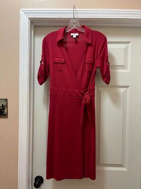LOFT Red Wrap Midi Dress with Tie Waist